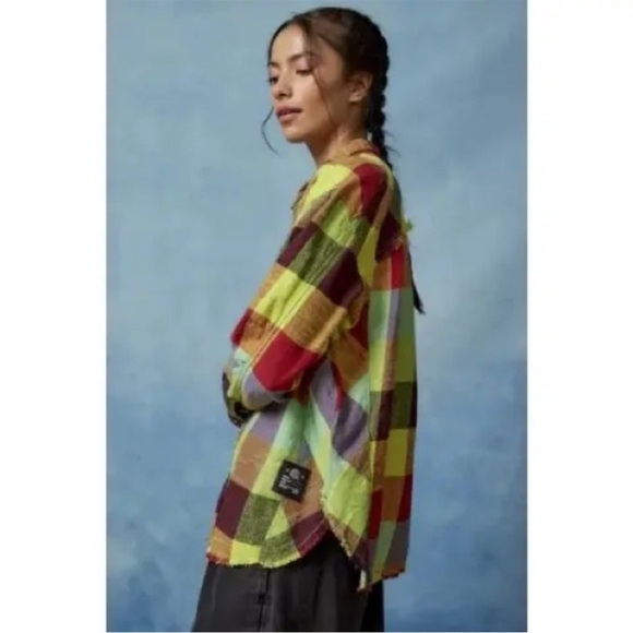 Urban Outfitters BDG Brixton rainbow flannel button down raw hem shirt - Picture 2 of 7